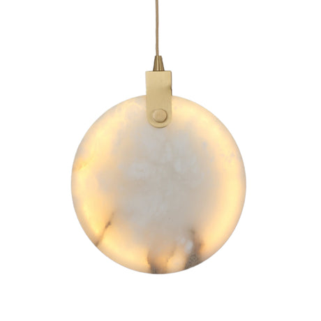 Niori Luna LED alabaster disc pendant light with brushed brass bracket and cable suspension, shown illuminated against a plain white background.