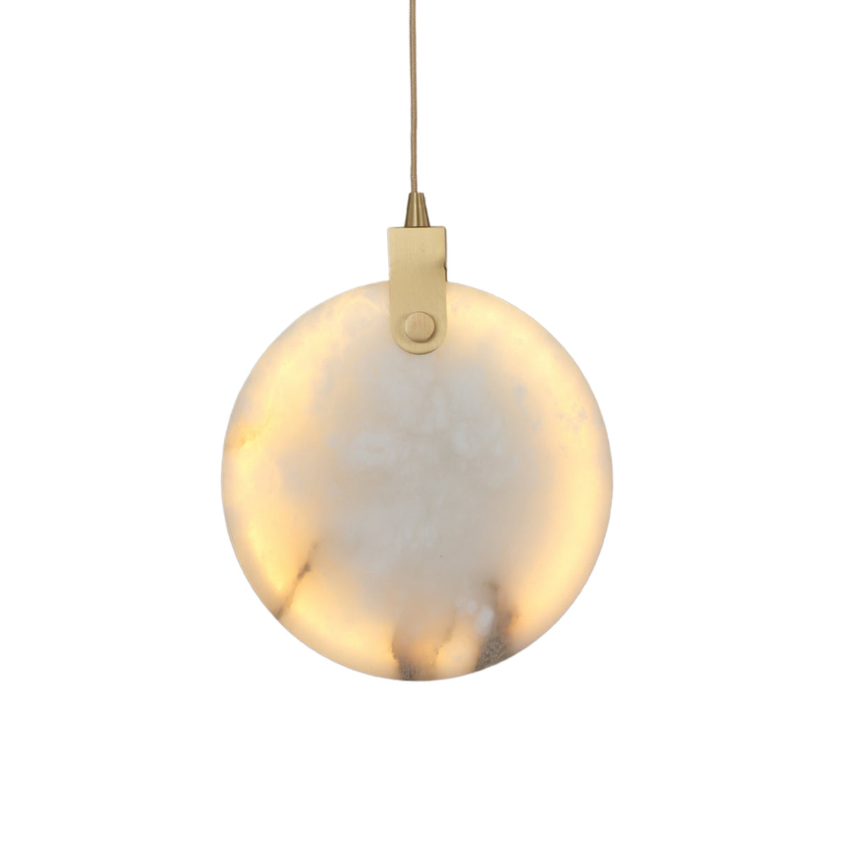 Niori Luna LED Medium 250mm alabaster disc pendant illuminated with warm light, brushed brass hinge and suspension cable, on a plain white background.