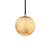 Lyvane extra small alabaster globe pendant light with brushed brass cap and black fabric cable, on a plain white background.