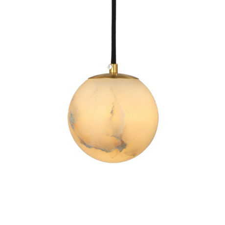 Lyvane extra small alabaster globe pendant light with brushed brass cap and black fabric cable, on a plain white background.