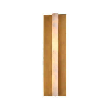 Elvaris Medium vertical wall light with a glowing alabaster centre panel framed by brushed brass fins, shown lit against a plain white background.