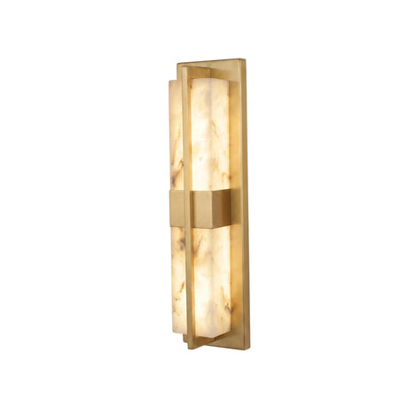 Caldera Large LED wall light with two stacked alabaster columns split by a brushed brass band, illuminated warm white against a slim brass backplate on a plain white background.
