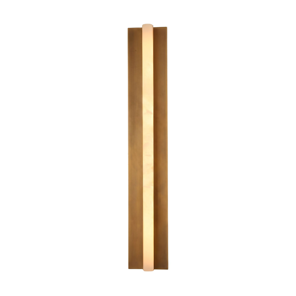Elvaris LED Large Vertical Alabaster Wall Light in brushed brass, featuring a slender illuminated alabaster bar set within a recessed brass backplate, shown against a plain white background.