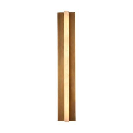 Elvaris LED Large Vertical Alabaster Wall Light in brushed brass, featuring a slender illuminated alabaster bar set within a recessed brass backplate, shown against a plain white background.