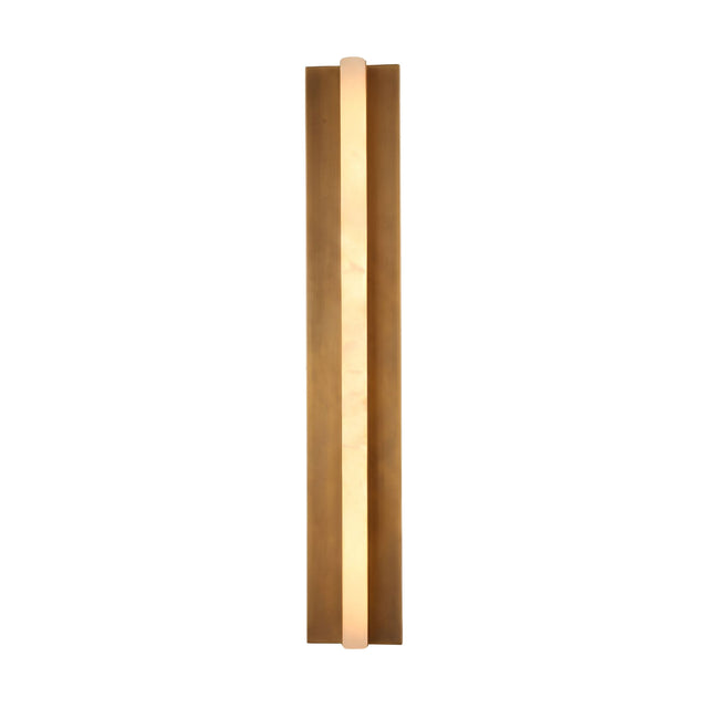 Elvaris LED Large Vertical Alabaster Wall Light in brushed brass, featuring a slender illuminated alabaster bar set within a recessed brass backplate, shown against a plain white background.