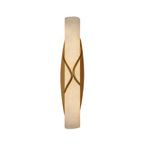 Valora LED Alabaster Wall Light in Brushed Brass, a vertical cylindrical column with crossed brass bands, glowing warm white against a plain white background.
