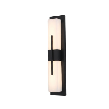 Caldera Small Alabaster Wall Light in matte black, a vertical column fixture with a white alabaster panel and central metal band, shown on a plain white background.