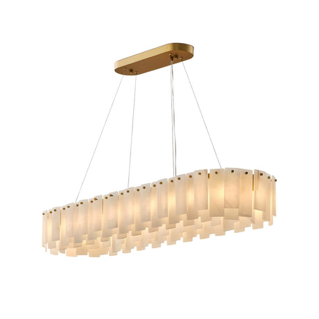 Valeris 100cm LED Alabaster Linear Chandelier with layered staggered alabaster panels on a brass frame, suspended from a rounded brass canopy on four cables, shown on a white background.