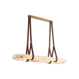 Cintura LED Medium oval chandelier with an alabaster ring suspended by brown leather straps from a copper top bar, shown on a plain white background.