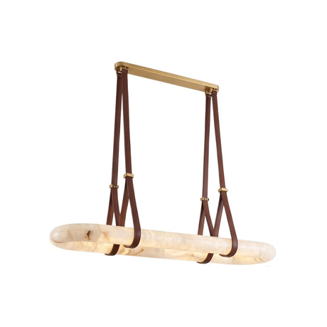 Cintura LED Medium oval chandelier with an alabaster ring suspended by brown leather straps from a copper top bar, shown on a plain white background.