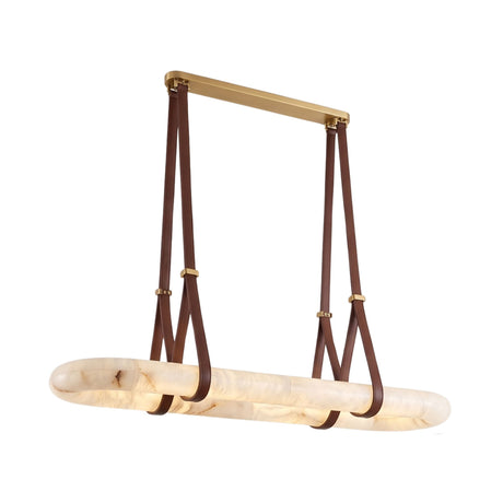Cintura Large LED island chandelier with an elongated oval alabaster ring suspended by brown leather straps from a brass top bar, shown on a plain white background.