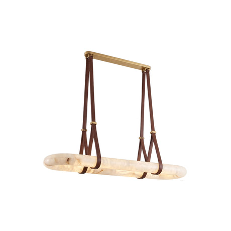 Cintura LED Small Alabaster Floating Pendant Light in Soft White, an oval alabaster ring suspended by brown leather straps from a brass top bar, shown on a plain white background.