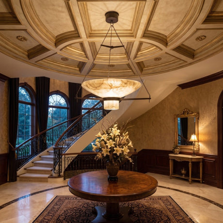 Bacinella LED bowl alabaster pendant light in brushed brass, hung above a round wooden table in an entrance hall with a domed ceiling and curved staircase.
