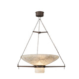 Bacinella LED bowl alabaster pendant light, 55cm shallow uplighter bowl with brushed brass chains, cross bar, and cylinder finial, on a white background.