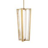 Niori Elvaris LED pendant light with four vertical Spanish alabaster bars set in a tapered brushed brass cage frame, shown on a plain white background.
