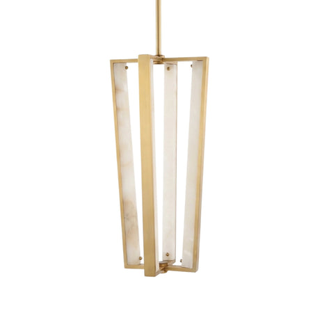 Niori Elvaris LED pendant light with four vertical Spanish alabaster bars set in a tapered brushed brass cage frame, shown on a plain white background.