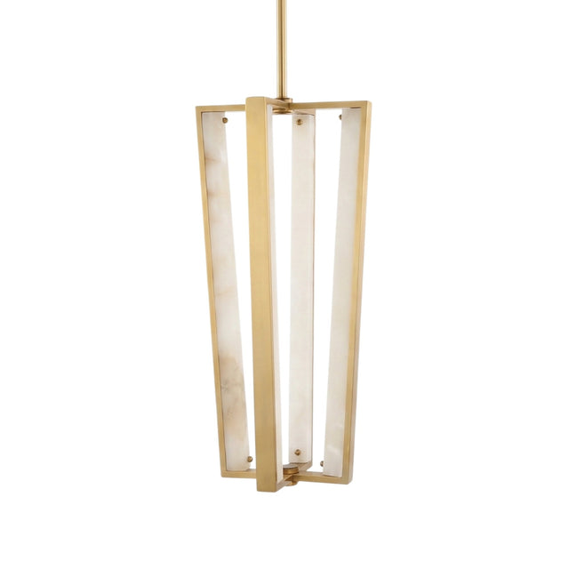 Niori Elvaris LED pendant light with four vertical Spanish alabaster bars set in a tapered brushed brass cage frame, shown on a plain white background.
