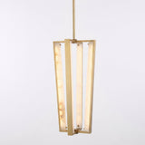 Niori Elvaris LED alabaster pendant light with tapered brushed brass cage frame and four glowing alabaster bars, shown on a plain white background.