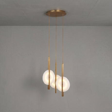 Niori Elyra 3 Light LED Alabaster Cluster Chandelier in brushed brass with three staggered alabaster discs on slender blade stems and a round canopy.