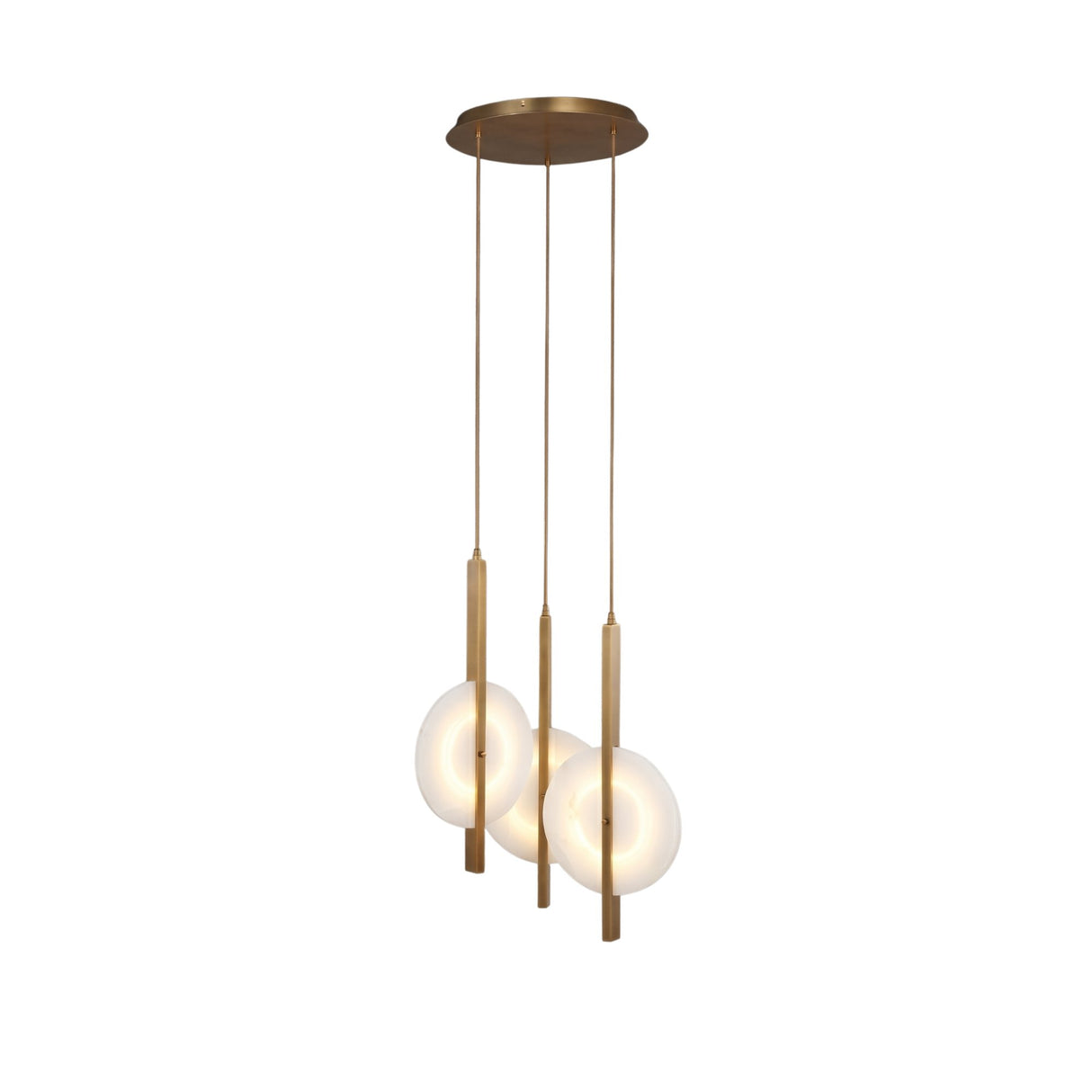 Niori Elyra 3 Light LED cluster chandelier with staggered alabaster oval discs on brushed brass blade stems and circular canopy.