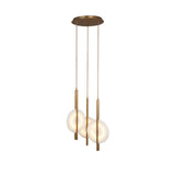 Niori Elyra 3 Light LED cluster chandelier with staggered alabaster oval discs on brushed brass blade stems and circular canopy.