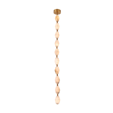Brisalda 10 Light Faceted Alabaster Pendant Light with brushed brass ceiling canopy, ten hexagonal alabaster stones linked by brass spheres on a vertical drop, shown on a white background.