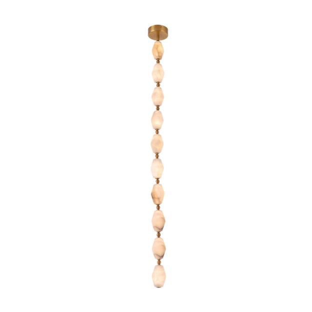 Brisalda 10 Light Faceted Alabaster Pendant Light with brushed brass ceiling canopy, ten hexagonal alabaster stones linked by brass spheres on a vertical drop, shown on a white background.