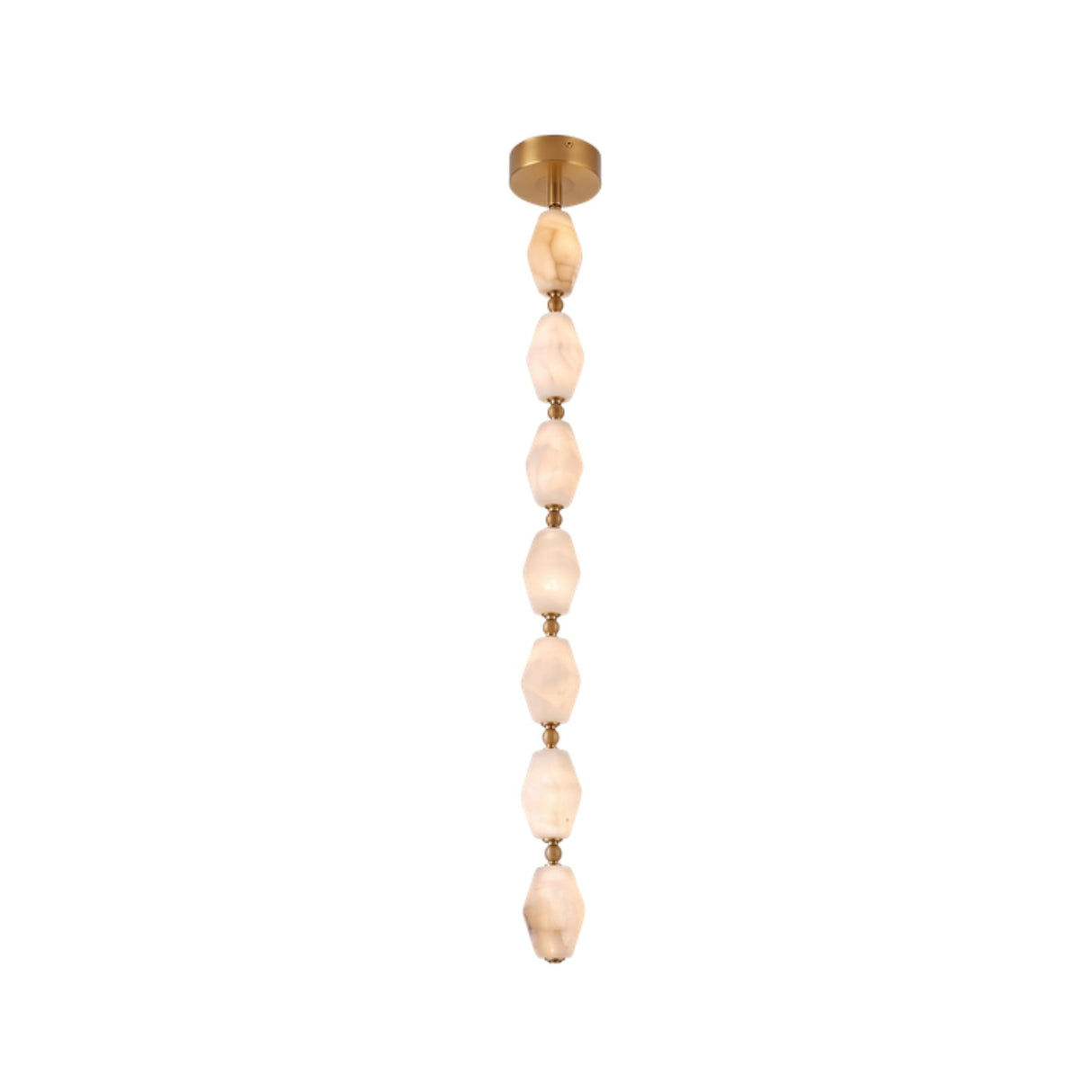 Brisalda 7 Light Faceted Alabaster Pendant Light with brushed brass ceiling canopy and brass spheres linking hexagonal alabaster stones, shown on a white background.