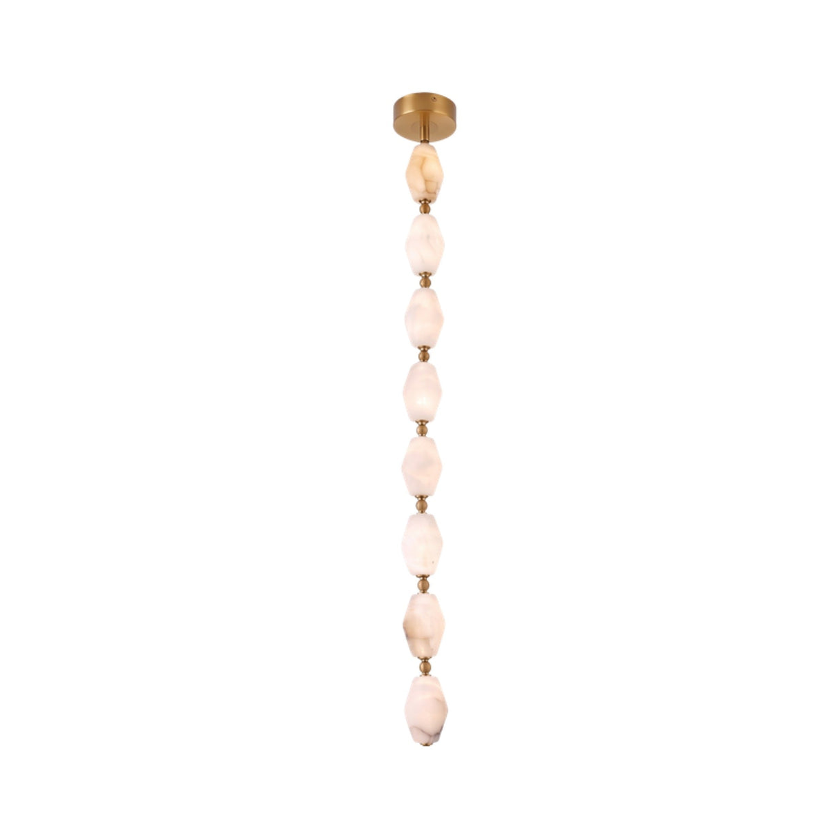 Brisalda 8-light faceted alabaster pendant in brushed brass, featuring eight hexagonal alabaster stones linked by brass spheres hanging from a round ceiling canopy.