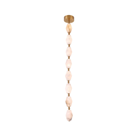 Brisalda 8-light faceted alabaster pendant in brushed brass, featuring eight hexagonal alabaster stones linked by brass spheres hanging from a round ceiling canopy.