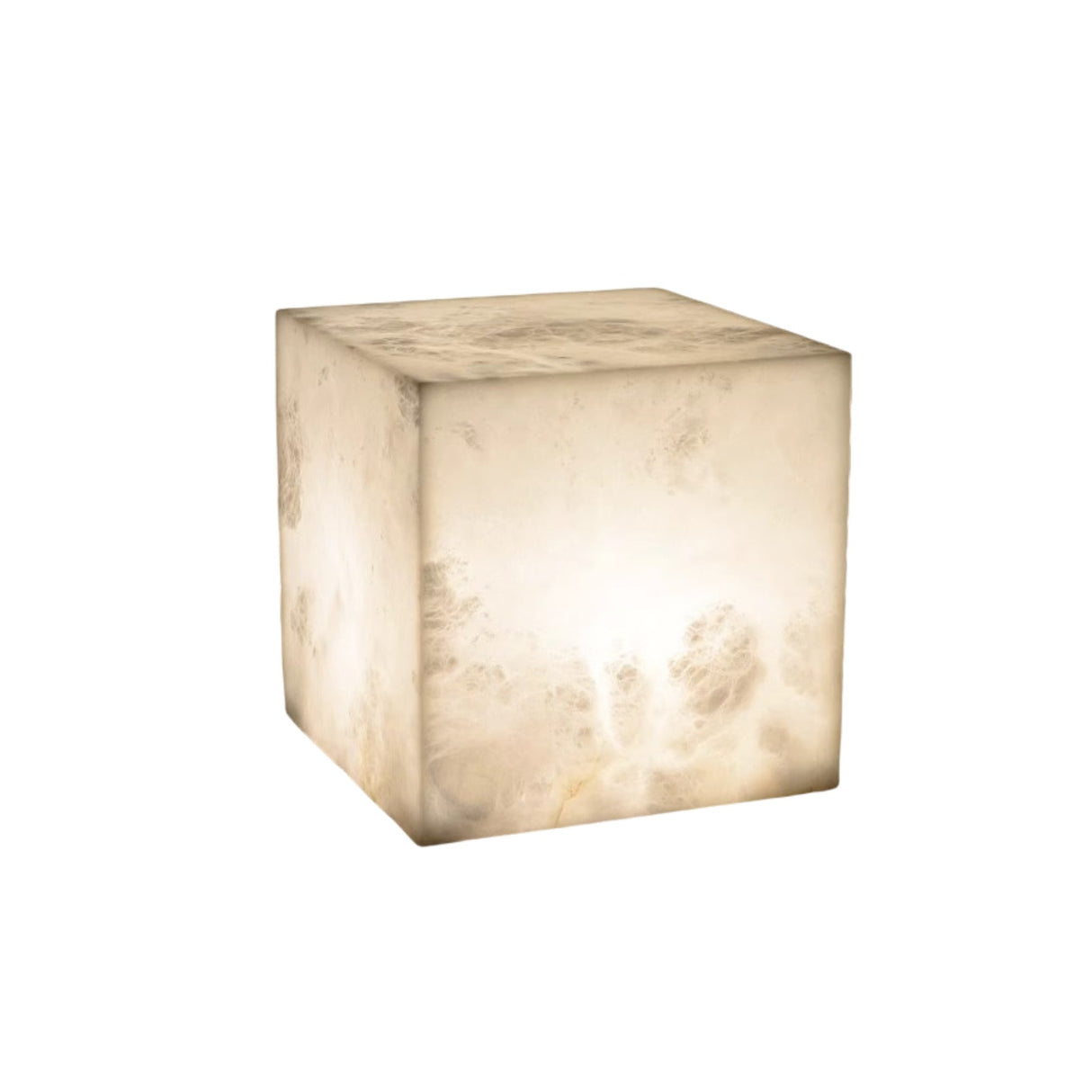 Blocchetto LED Cube Alabaster Table Lamp, 12cm solid stone cube with softly glowing interior light, natural mottled finish, plain white background.