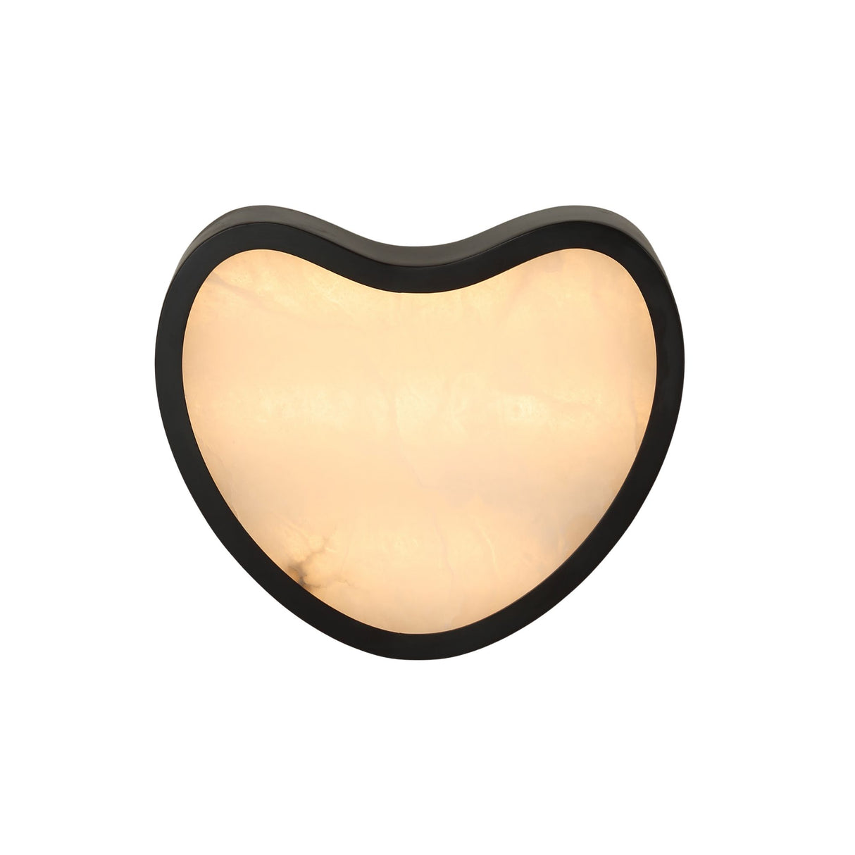 Niori Marea LED wall light with teardrop-shaped natural Spanish alabaster panel set in a matte black copper frame, shown illuminated on a white background.