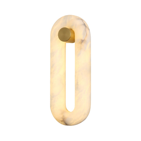 Niori Serava LED alabaster wall light in an elongated oval loop with warm white glow, mounted on a brass cylindrical bracket against a white background.