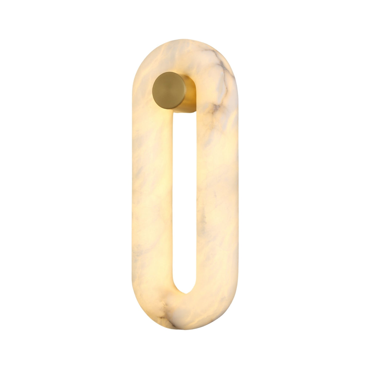 Serava LED Small Alabaster Wall Light in soft white, a vertical oval ring of veined alabaster on a brushed brass mount with a matt cylindrical fixing, shown on a plain white background.
