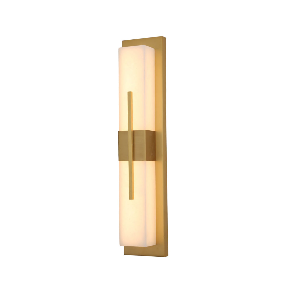 Niori Caldera Large LED wall light with tall rectangular alabaster column, brushed brass backplate and vertical band, on a plain white background.