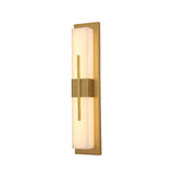 Niori Caldera Large LED wall light with tall rectangular alabaster column, brushed brass backplate and vertical band, on a plain white background.