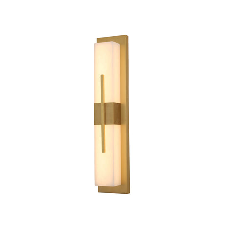 Niori Caldera LED Small wall light with rectangular alabaster panel, brushed brass backplate and floating vertical band, illuminated warm white.
