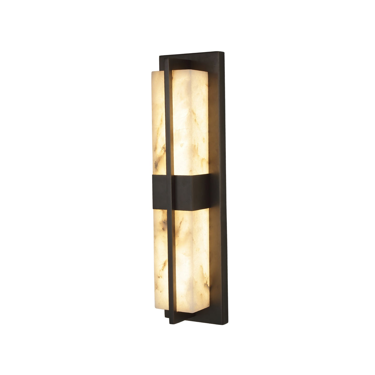 Niori Caldera Small LED wall light with two vertical Spanish alabaster panels split by a matt black copper bar and frame, on a white background.