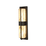 Niori Caldera Small LED wall light with two vertical Spanish alabaster panels split by a matt black copper bar and frame, on a white background.