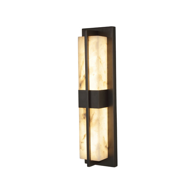 Niori Caldera Small LED wall light with two vertical Spanish alabaster panels split by a matt black copper bar and frame, on a white background.