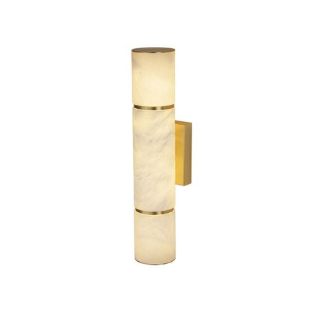 Niori Almora medium alabaster cylinder wall light with brass banding and rectangular brass wall plate, shown against a plain white background.
