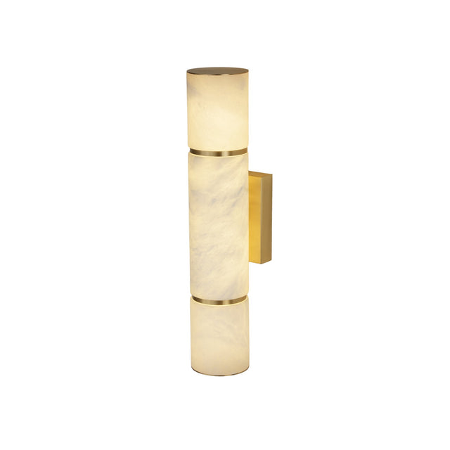 Niori Almora medium alabaster cylinder wall light with brass banding and rectangular brass wall plate, shown against a plain white background.