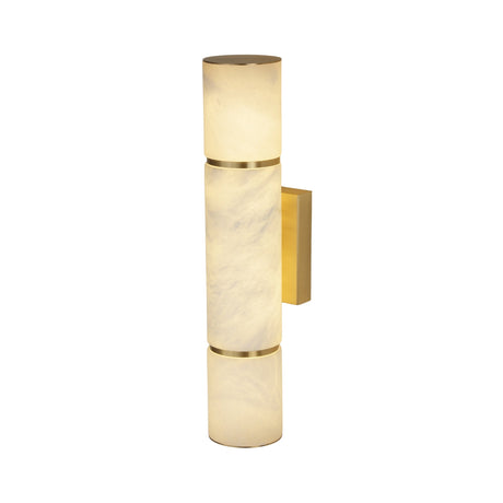 Niori Almora LED cylinder wall light in natural Spanish alabaster with brushed brass bands and rectangular back plate, shown on a white background.