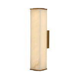 Valmere LED Large Linear Alabaster Wall Light in soft white stone with brass end caps and side mounting bracket, shown on a plain white background.