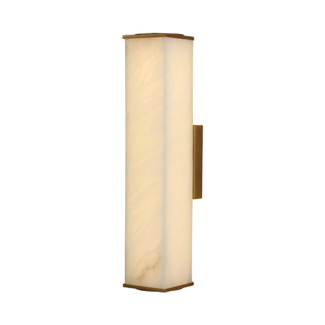 Valmere LED Large Linear Alabaster Wall Light in soft white stone with brass end caps and side mounting bracket, shown on a plain white background.