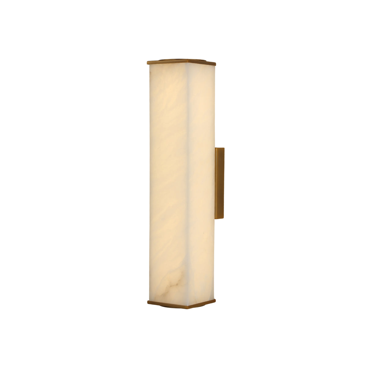 Valmere LED Small Linear Alabaster Wall Light in soft white, a slim rectangular alabaster panel with brass end caps and brass mounting bracket, shown on a plain white background.
