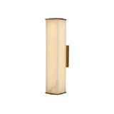 Valmere LED Small Linear Alabaster Wall Light in soft white, a slim rectangular alabaster panel with brass end caps and brass mounting bracket, shown on a plain white background.