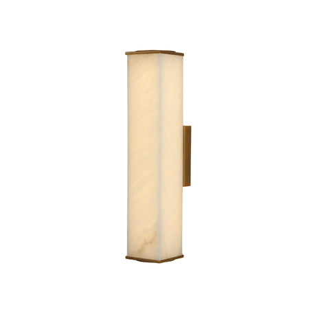 Valmere LED Small Linear Alabaster Wall Light in soft white, a slim rectangular alabaster panel with brass end caps and brass mounting bracket, shown on a plain white background.