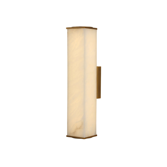 Valmere LED Small Linear Alabaster Wall Light in soft white, a slim rectangular alabaster panel with brass end caps and brass mounting bracket, shown on a plain white background.