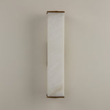 Valmere LED Small Linear Alabaster Wall Light in Soft White, a slim rectangular alabaster panel with brass end caps and frame, shown against a plain light background.